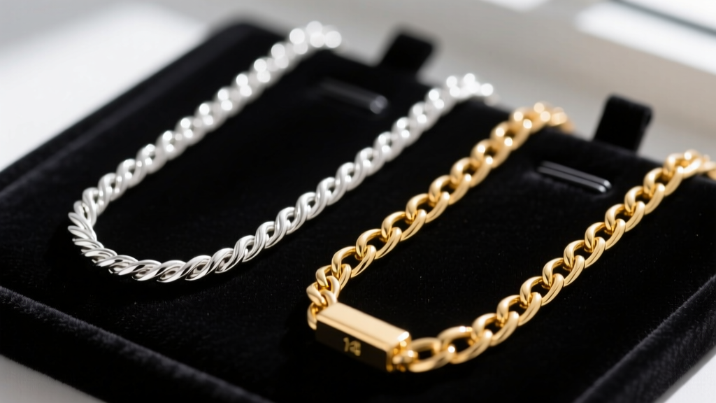 Macro shot of a sterling silver rope chain and 14k gold box chain resting side-by-side on a dark velvet jewelry display pad