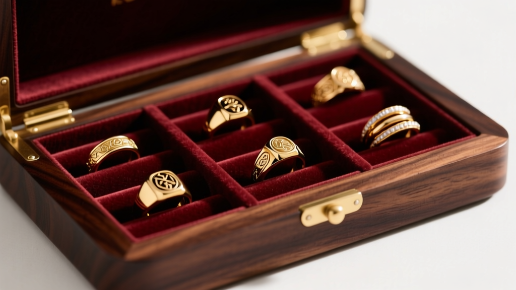 Elegant dark walnut wood ring and jewelry holder with velvet-lined slots displaying gold signet and stacking rings on a vanity