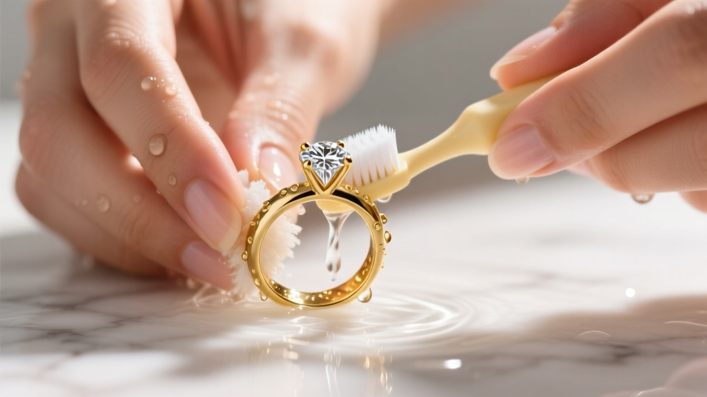 Close-up of hands gently scrubbing the underside of a 14k gold diamond ring with a soft baby toothbrush under warm running water.