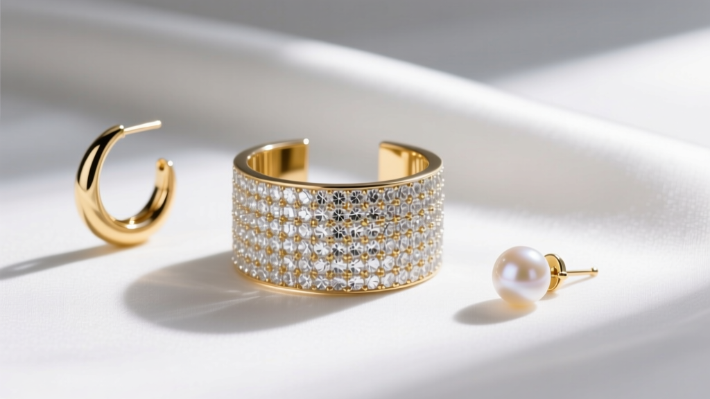 Flat lay of three C earrings: a pavé diamond cuff, a gold crescent hoop, and a pearl drop earring on white silk.