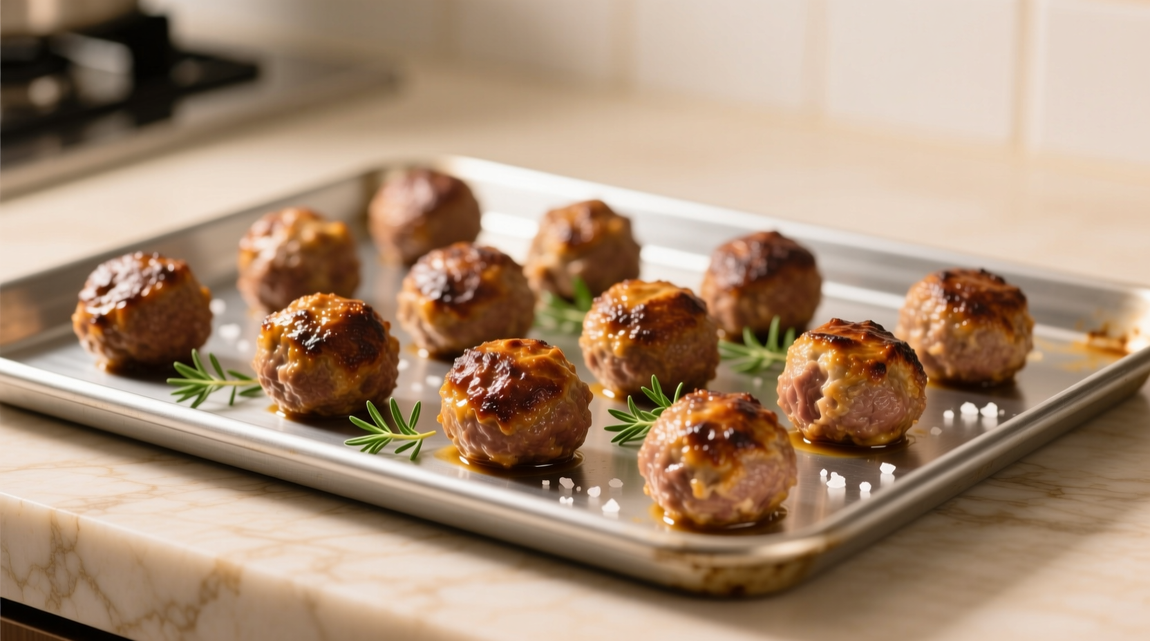 Perfect golden brown meatballs on baking sheet