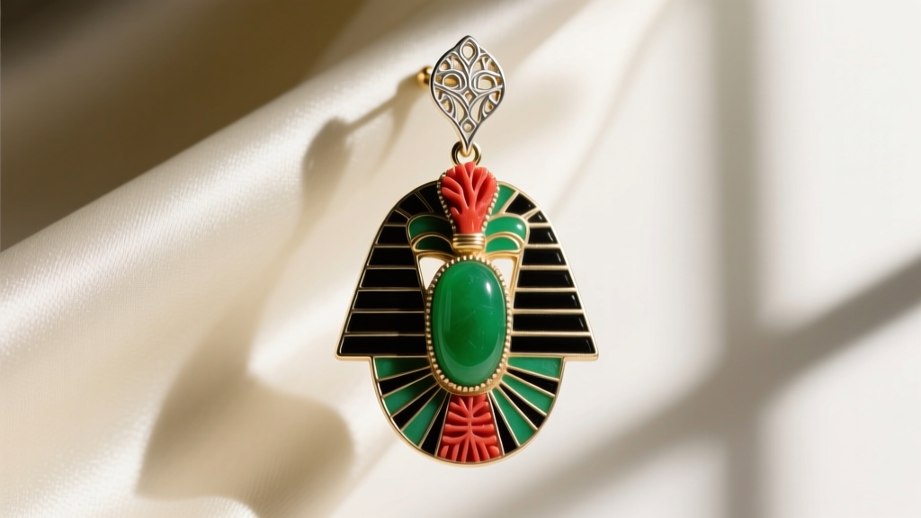 Close-up of a 1920s Egyptian Revival earring featuring carved coral, jade, and black enamel set in 14k white gold against silk