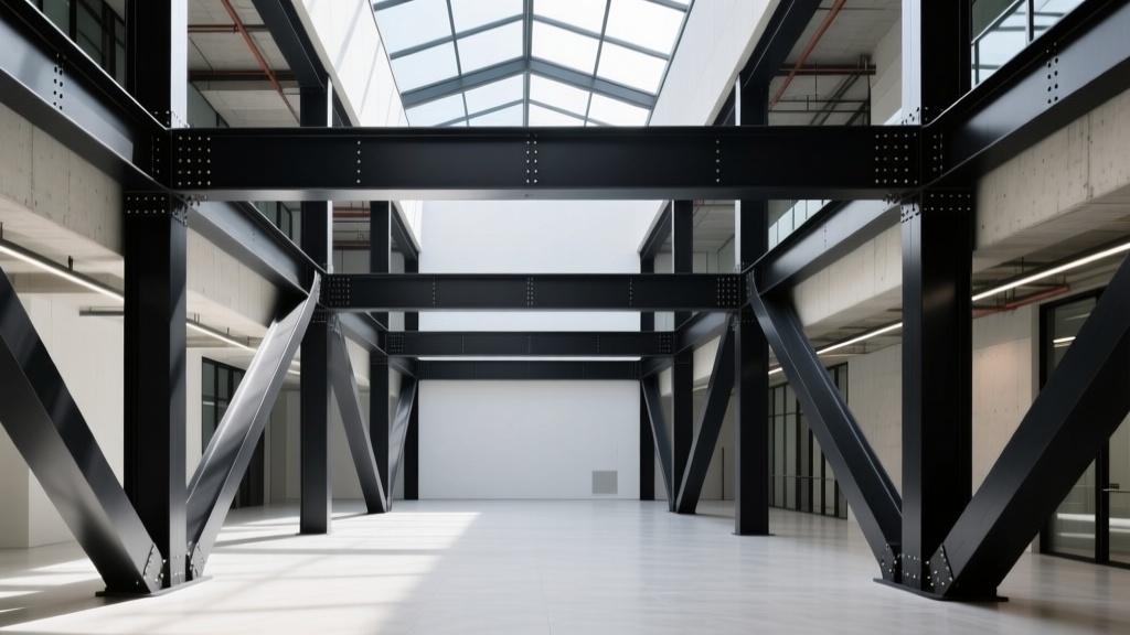 Modern commercial building atrium featuring exposed architectural steel support frames with matte black finishes