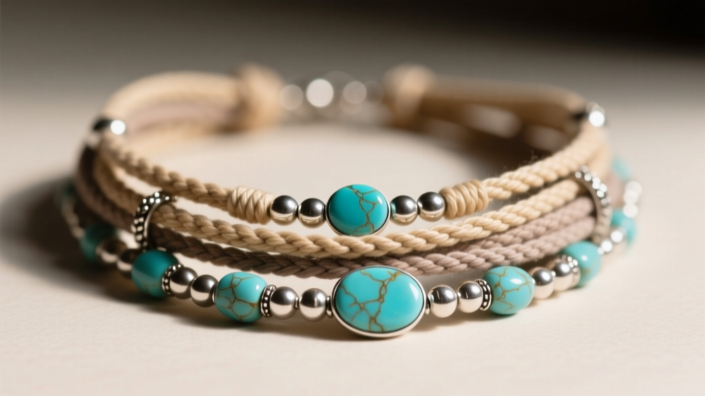 Close-up of a bohemian multi-strand necklace with layered waxed cotton cords, sterling silver beads, and natural turquoise stones.