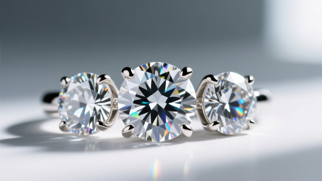 Macro shot of a three stone diamond pendant showing four-prong platinum settings and facets of VS clarity round brilliant diamonds