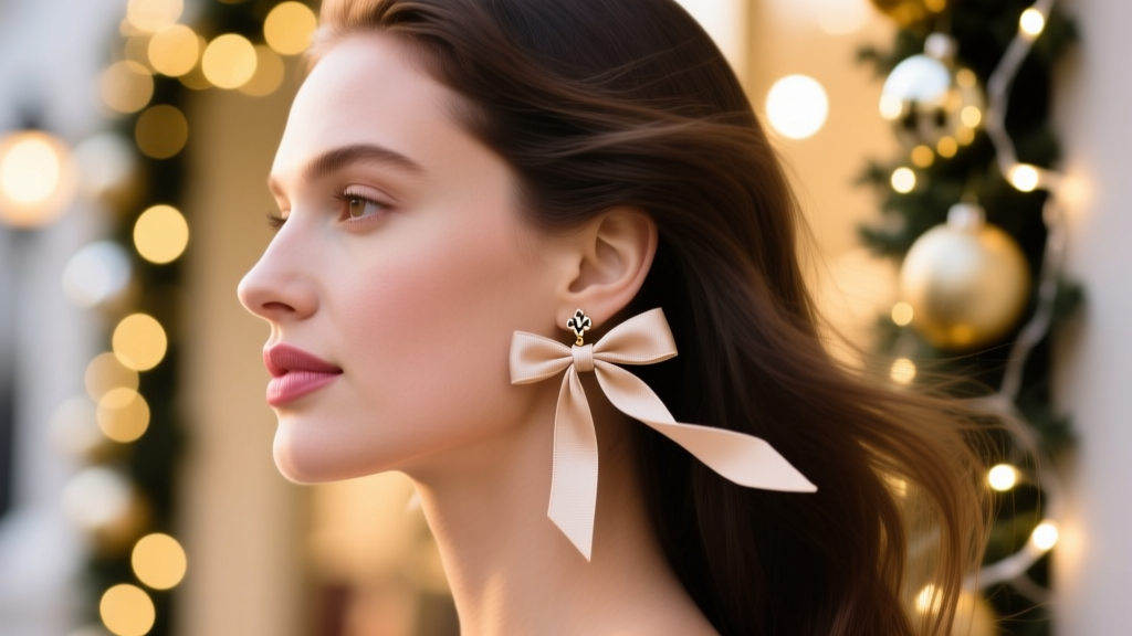 Side profile of a woman wearing Kate Spade drop ribbon earrings, showing the dangle movement against a blurred festive background