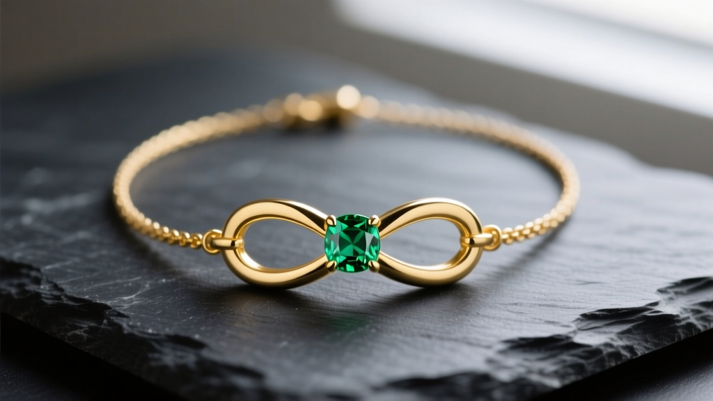 Close-up of a solid 14k yellow gold infinity necklace with birthstones, featuring a flush-set emerald, resting on dark slate