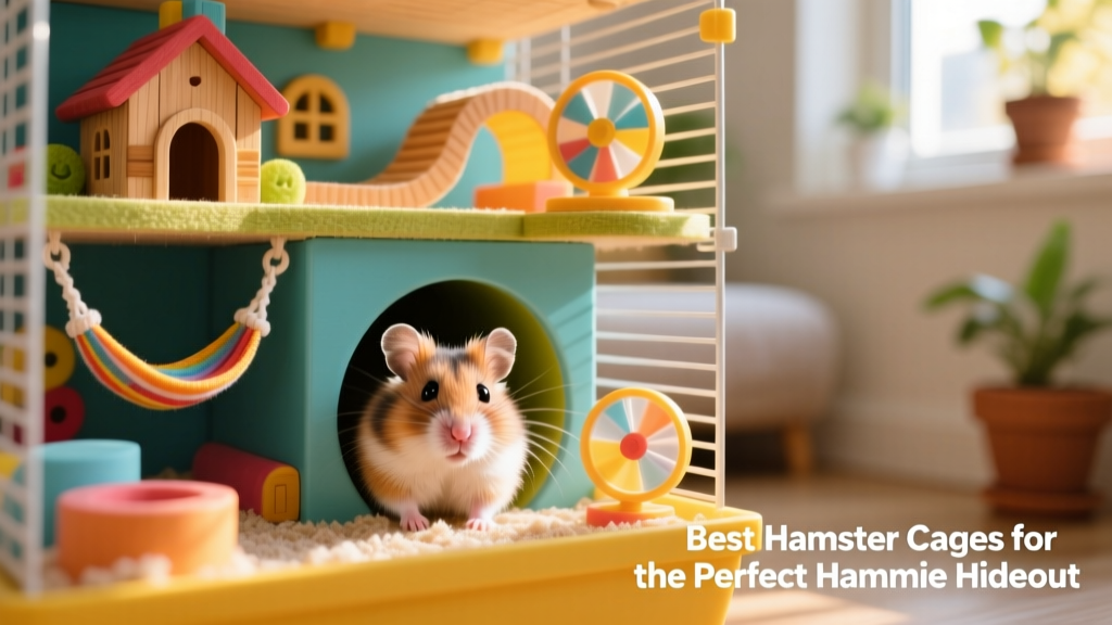 Dwarf hamster peeking out from a tunnel inside a colorful modular cage with accessories