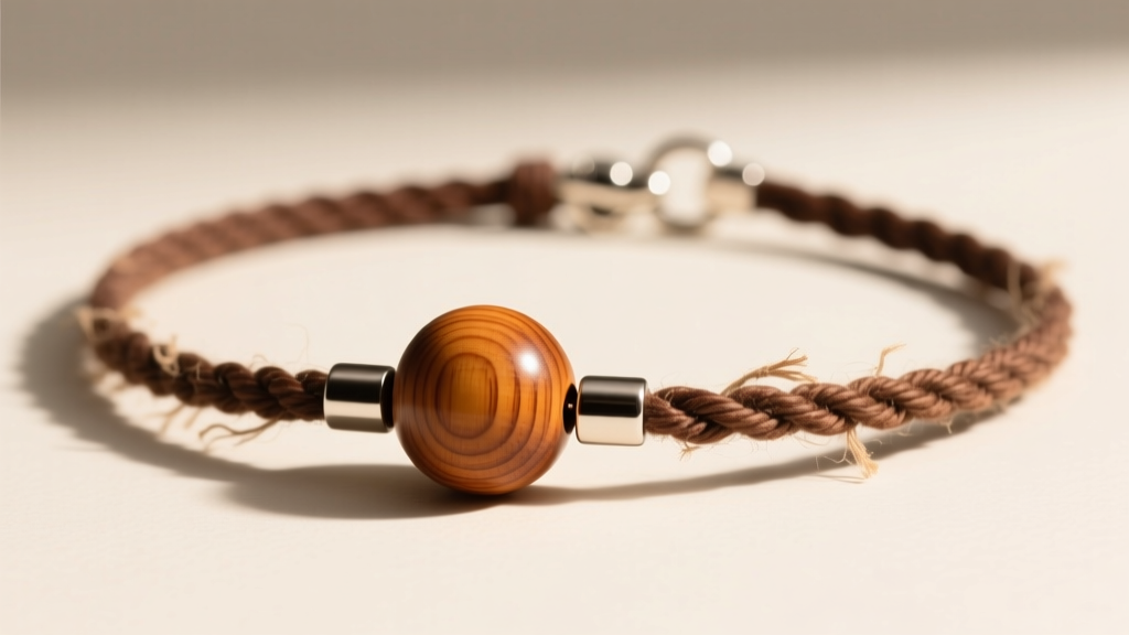Finished bohemian hemp choker necklace featuring a polished wooden bead centerpiece and a secure stainless steel lobster clasp