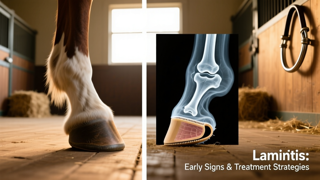 Side-by-side X-ray comparison showing healthy hoof anatomy versus rotated coffin bone in laminitic hoof