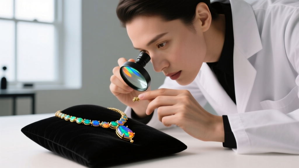 Jeweler using a loupe to inspect prongs of an 18k gold opal necklace, ensuring the soft gemstone is not under excessive pressure