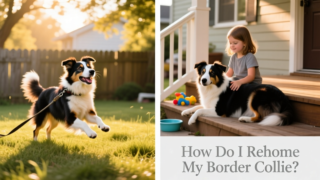 Side-by-side photos: one of a Border Collie playing fetch in a fenced yard, another of the same dog resting calmly beside a child