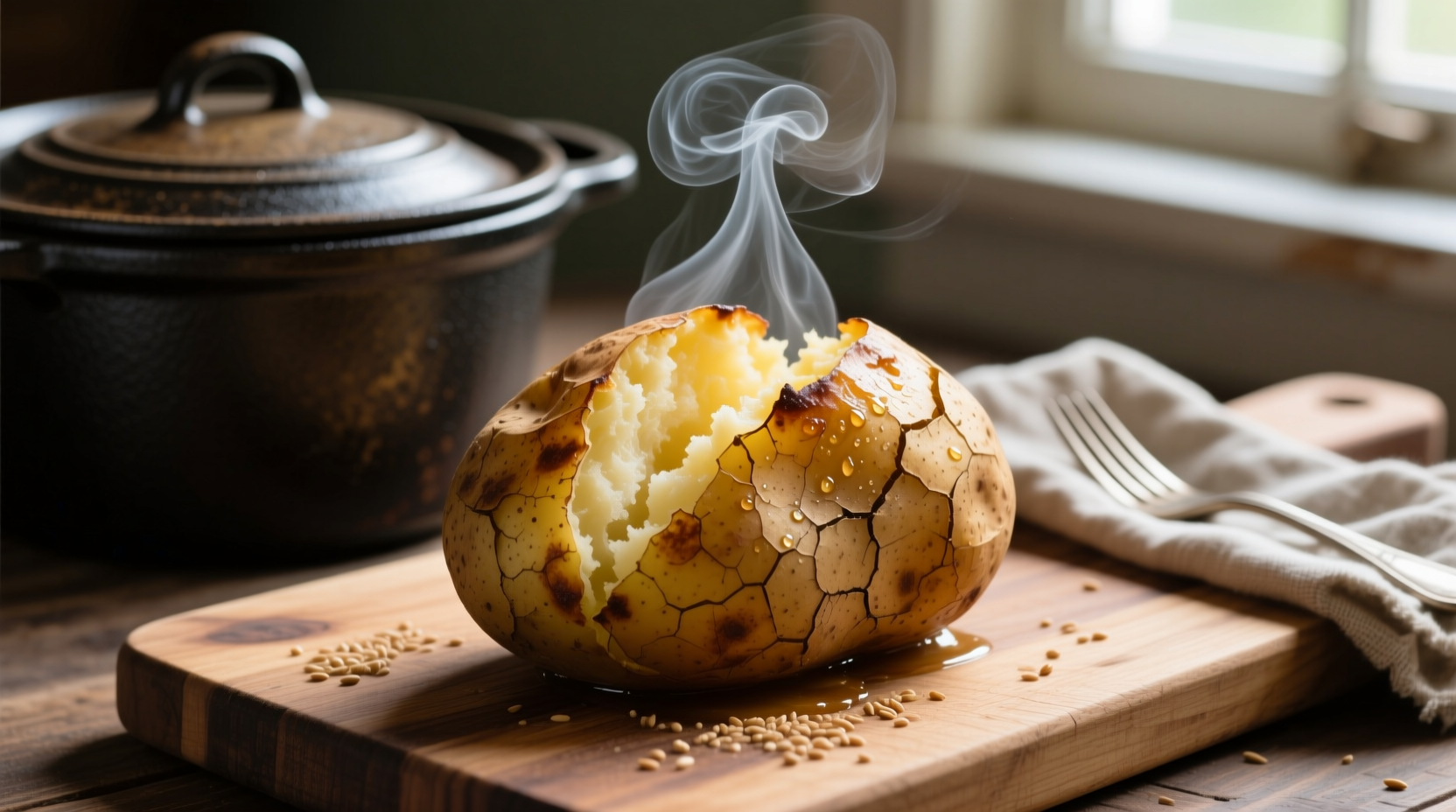 Perfectly cooked slow cooker baked potatoes with steam rising