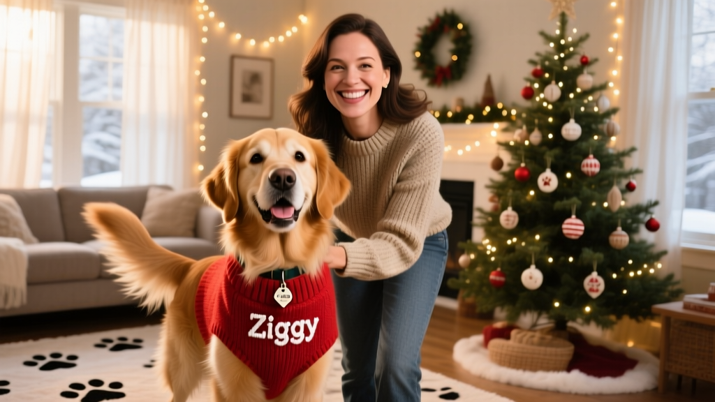 Angela Laws and her dog Ziggy posing together in a joyful, festive setting