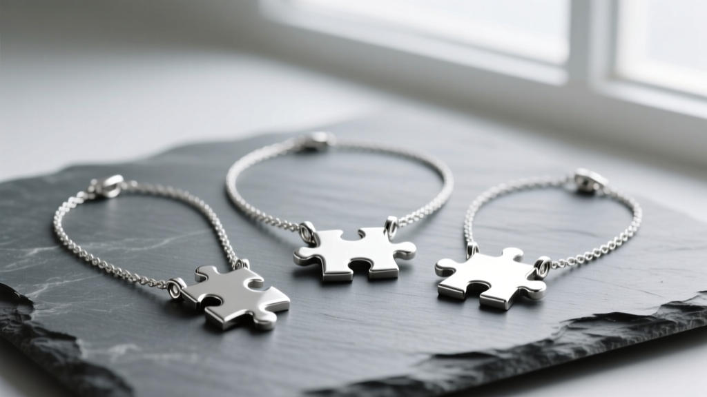 Three-piece sterling silver puzzle necklaces interlocking on slate, soft lighting highlighting the metal grooves and puzzle edges.