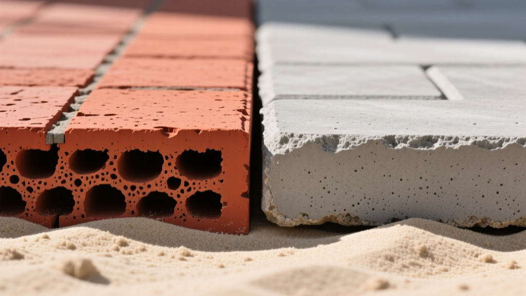 Close-up cross-section comparison of a red kiln-fired clay brick paver and a gray vibro-compacted concrete paving stone on a sandy base