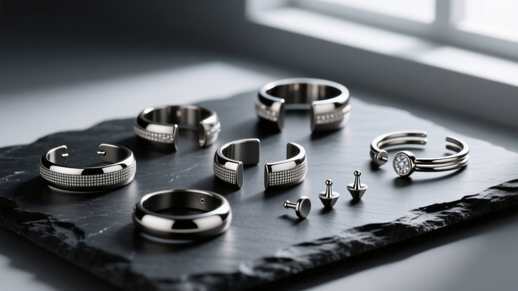 Ear cuffs and cartilage studs of implant grade titanium, arranged on dark slate, moody lighting, macro lens detail view of jewelry
