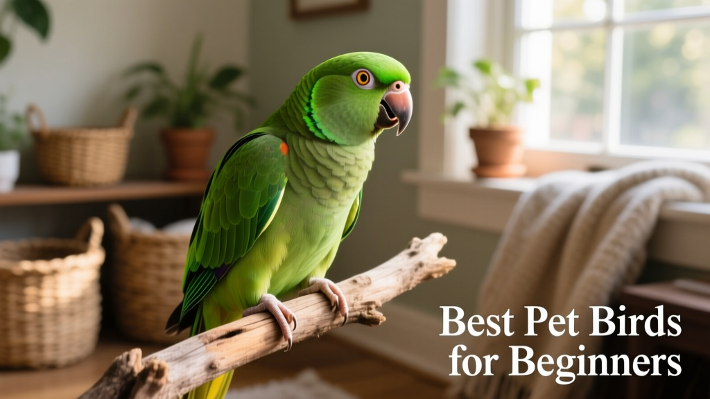 A green-cheeked conure sitting on a perch, head tilted curiously