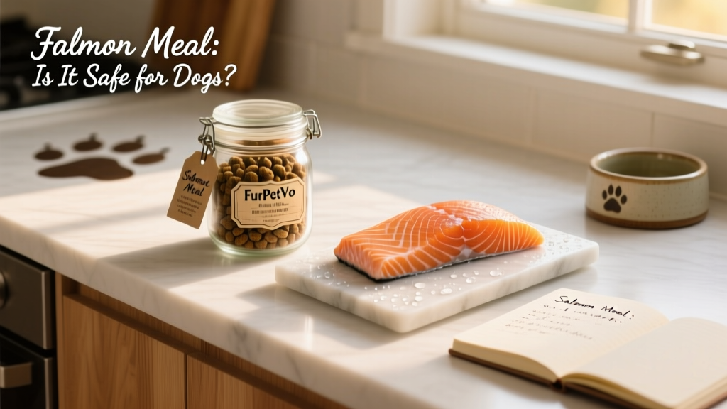 Side-by-side comparison of FurPetVo salmon meal kibble and raw salmon fillet on a clean kitchen counter