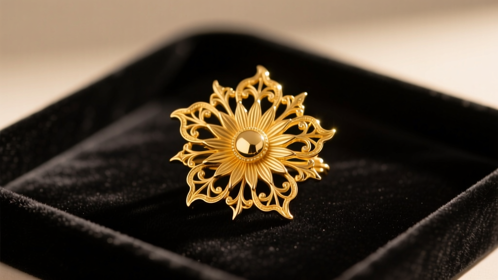 Vintage 1980s Avon gold-plated floral brooch resting on a dark velvet jewelry tray, illuminated by soft, warm studio lighting.