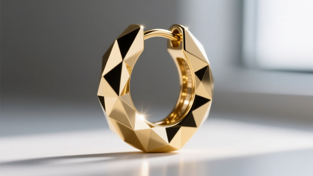 Extreme macro photography of CNC-machined facets on a 14k gold huggie earring, highlighting the sharp geometric light reflections