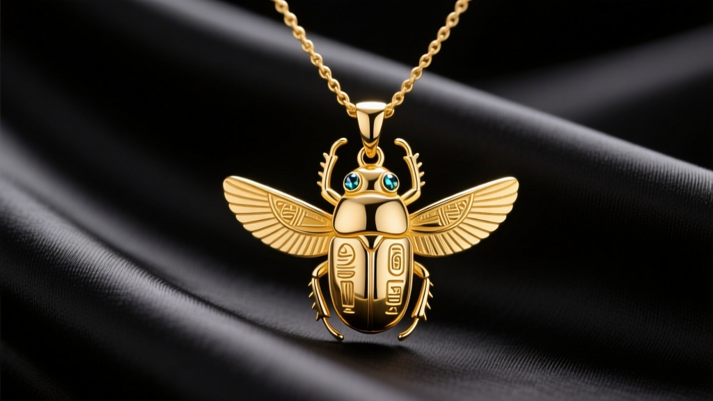 Minimalist 18k yellow gold Egyptian scarab pendant necklace on black silk, soft studio lighting on carved details.