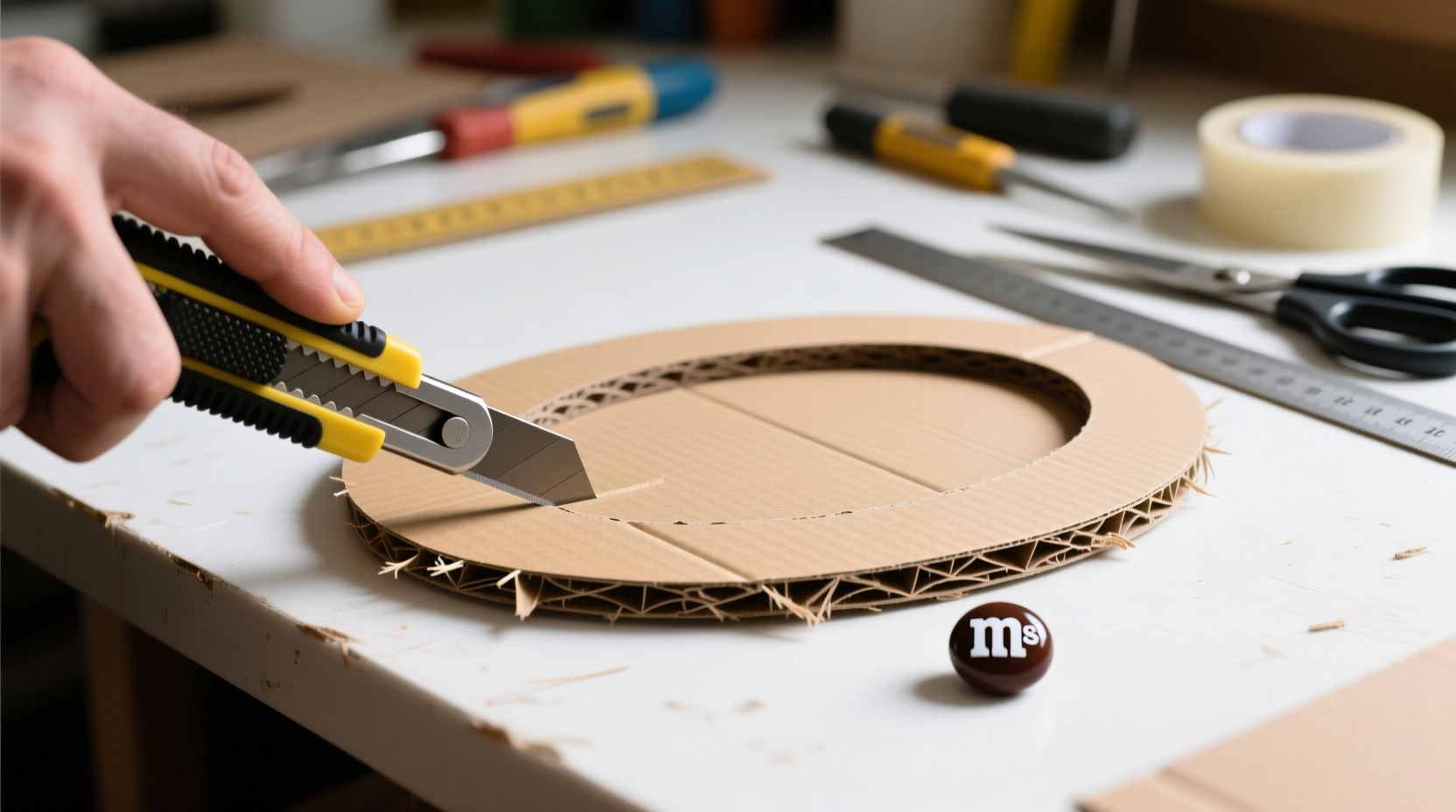 Cutting cardboard oval for M&M costume base