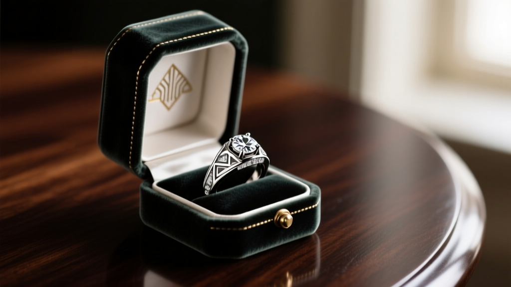 Open velvet ring box revealing an authentic Art Deco platinum diamond engagement ring resting on a dark mahogany table