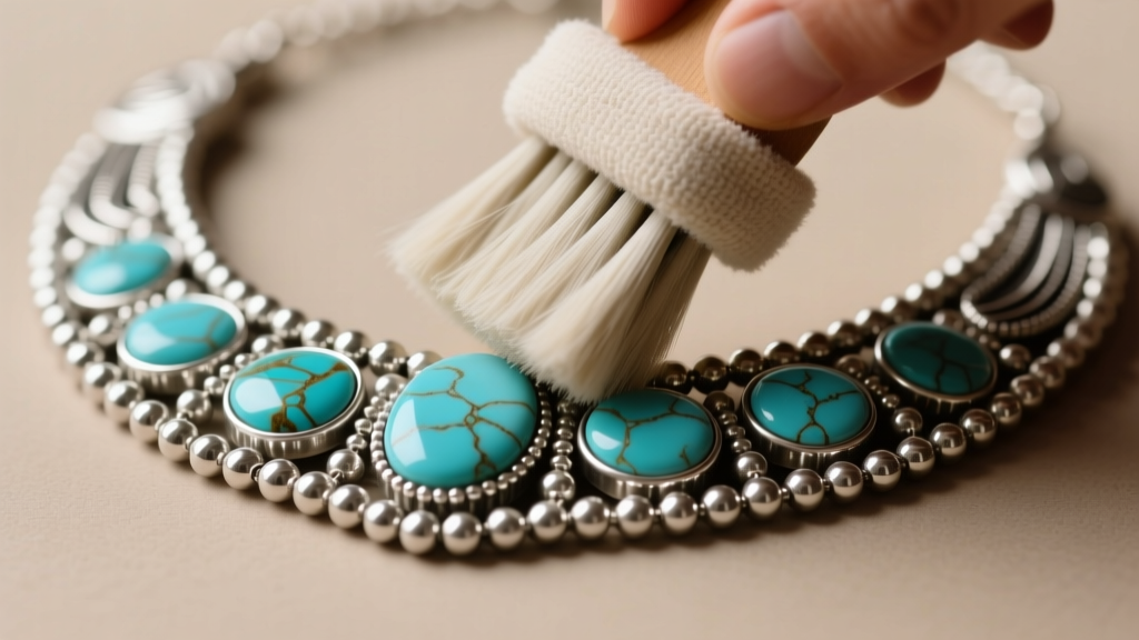 Soft microfiber cloth gently buffing silver beadwork of a native necklace, carefully avoiding the porous turquoise cabochons.