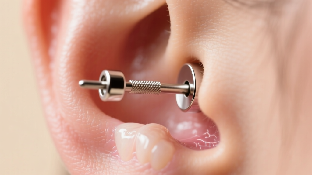 Macro shot of a 16-gauge implant-grade titanium threadless earring post being inserted into a healed cartilage helix piercing.