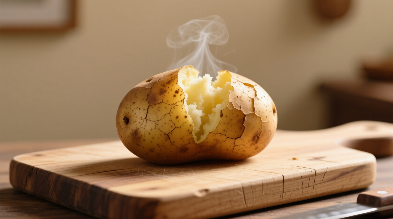Medium baked potato with skin on wooden cutting board