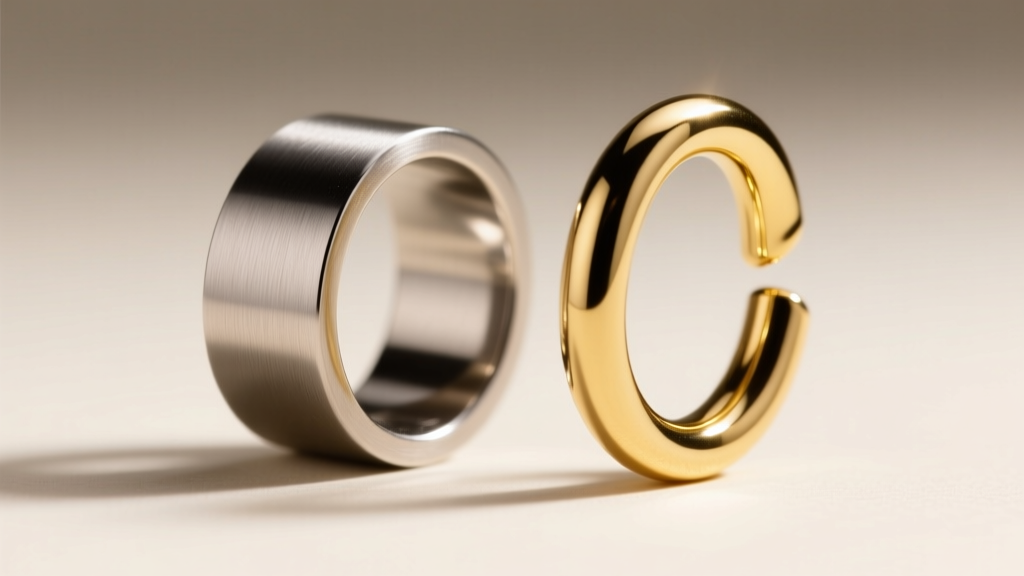 Macro view of a titanium ear cuff and gold hook, showing differences in material density, thickness, and polished metal finish.
