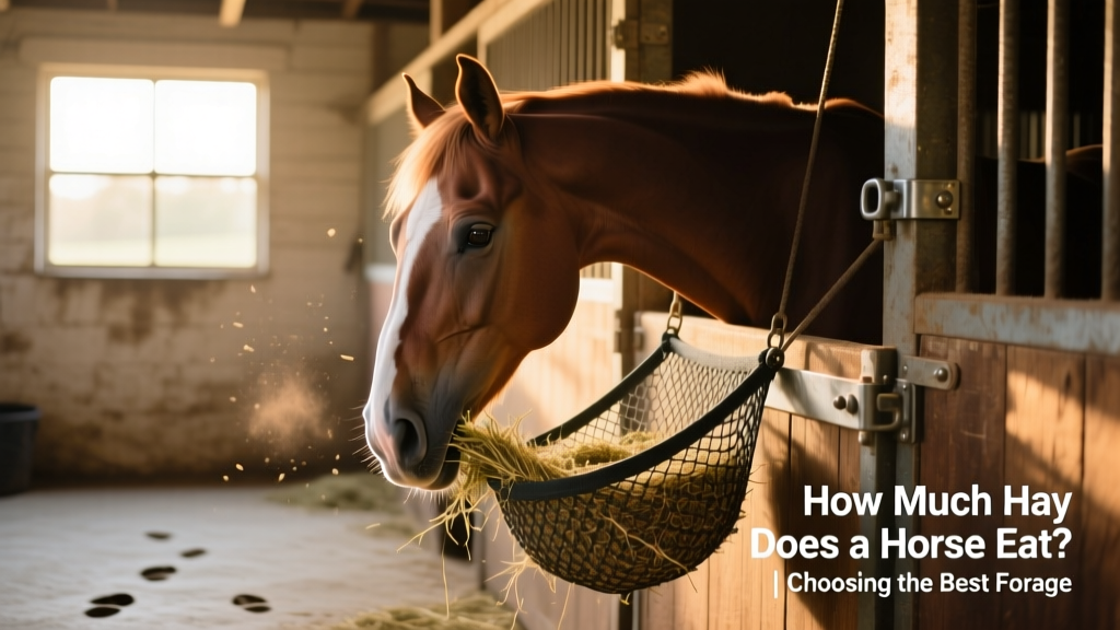 A horse calmly nibbling hay from a mesh slow-feeder net hung securely in a stall