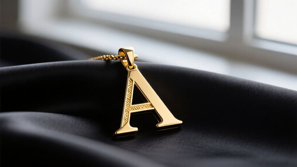 Close-up of an 18k yellow gold serif initial pendant on dark silk, soft lighting highlighting the polished metal edges and bevels.