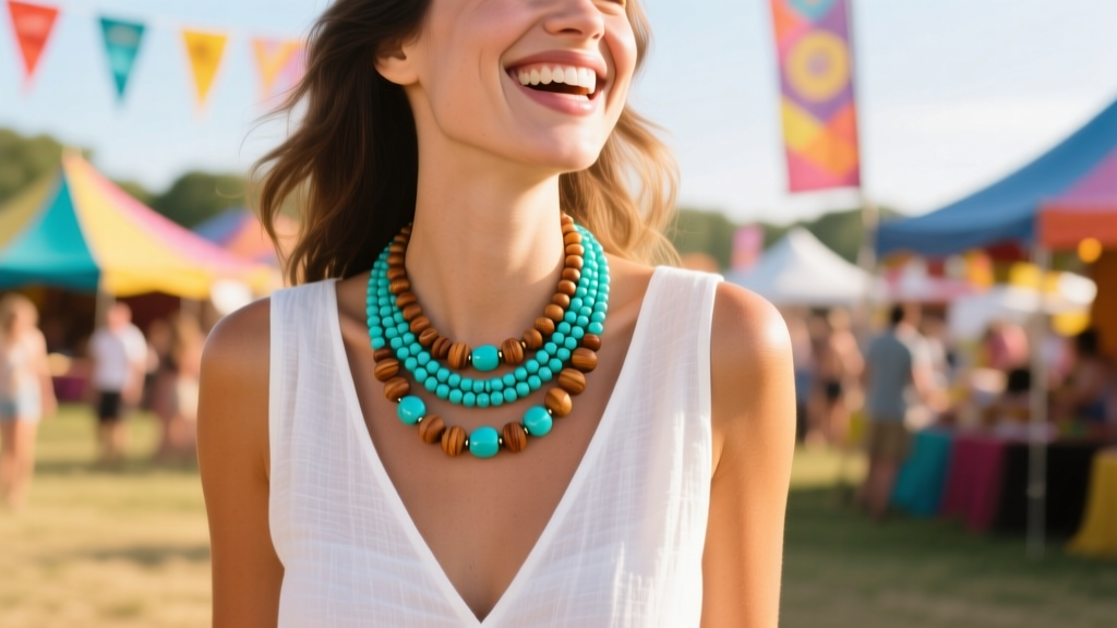 Woman at a sunny festival wearing a 20mm turquoise and wood thick beaded necklace over a white linen V-neck, candid joyful mood