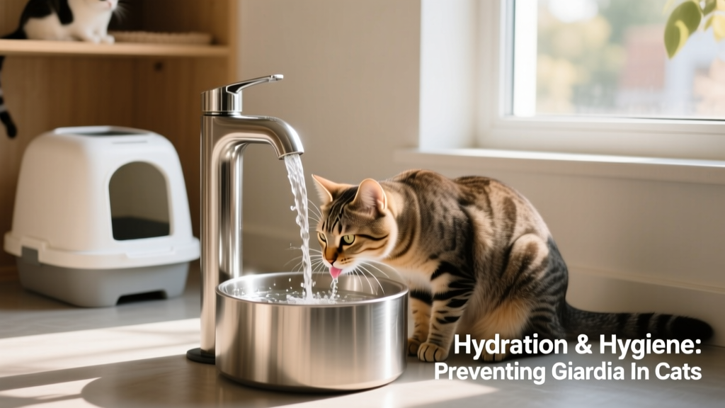Cat drinking from a sleek stainless-steel water fountain beside a clean litter box—highlighting key hygiene and hydration practices
