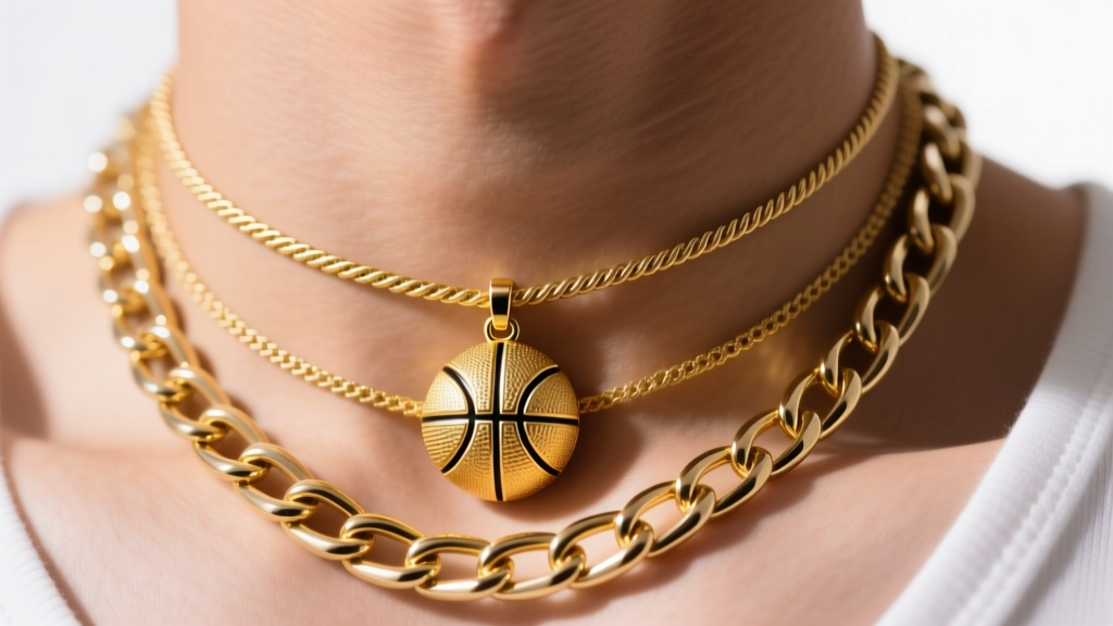Close-up of a neck showing a three-layer gold stack with a 3mm rope chain, 4mm Cuban link, and a basketball motif pendant