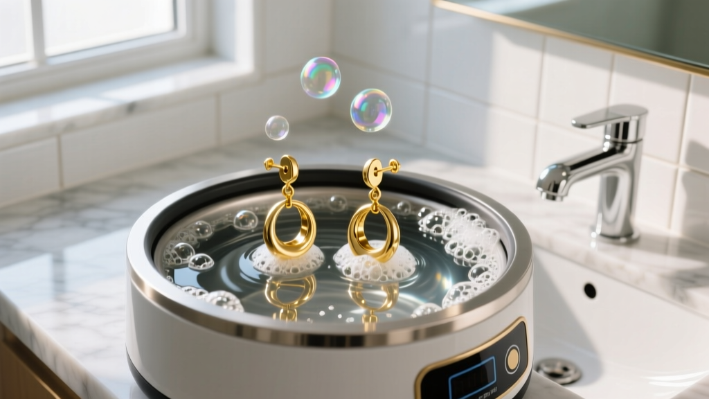 Ultrasonic cleaner vibrating gold push-back earrings in soapy water, shot from above in a bright modern bathroom setting.