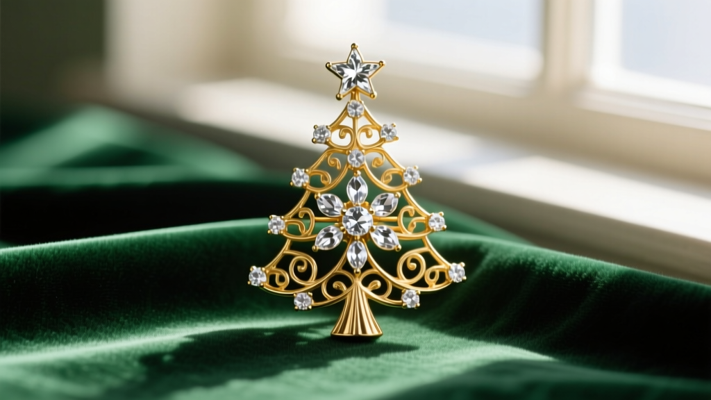 Macro shot of a 1950s gold-tone vintage Christmas tree brooch with clear rhinestones resting on dark emerald green velvet fabric