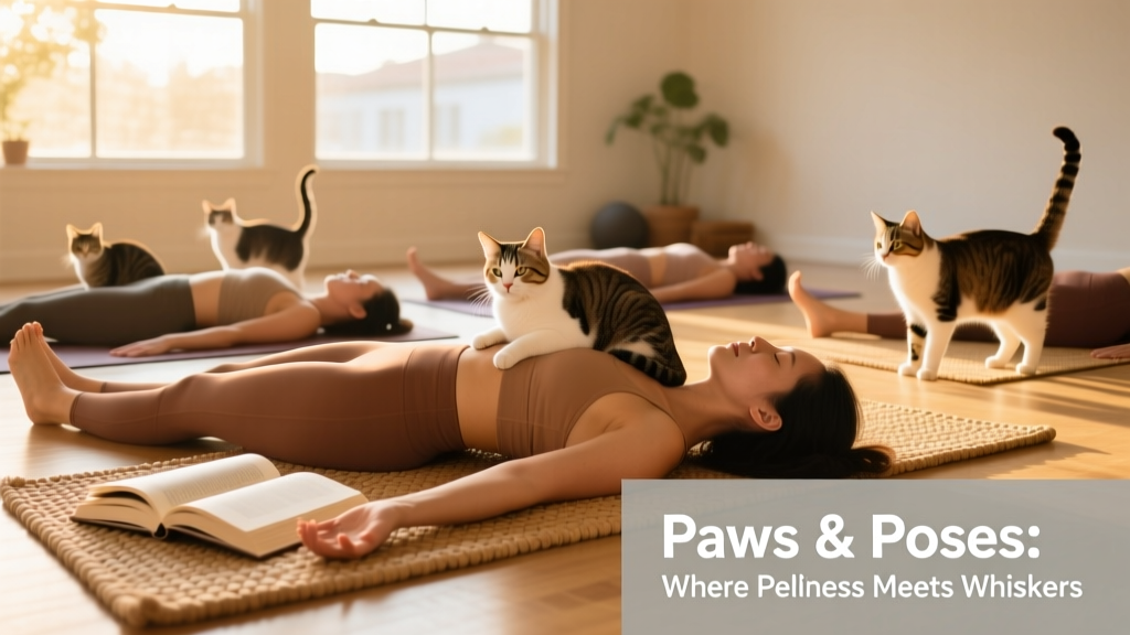 A relaxed yoga class in progress with friendly cats wandering among participants on mats