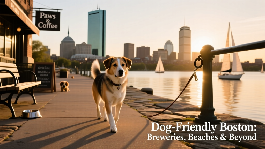 A mixed-breed dog walking calmly along the Boston Harborwalk with the city skyline in the background