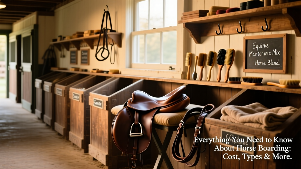 A neatly organized tack room with labeled feed bins and grooming supplies