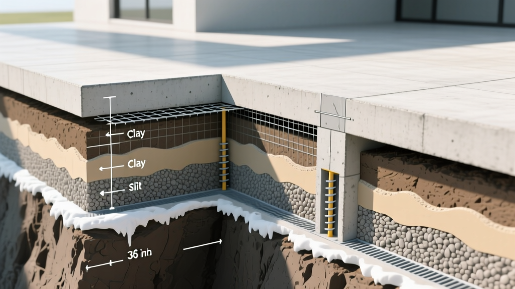 Blueprint cross-section comparing a concrete slab-on-grade and raised pier foundation, highlighting soil strata and frost depth markers.