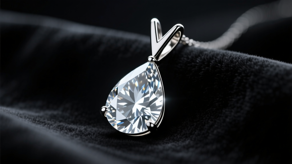 Pear-cut diamond teardrop pendant on dark velvet, highlighting the V-prong setting at the pointed tip under soft light.