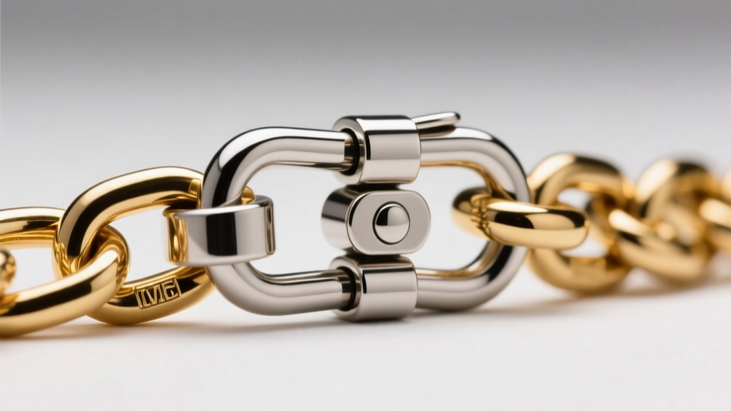Extreme close-up of a 15mm stainless steel lobster clasp attached to a thick 4mm gold vermeil rolo chain link.