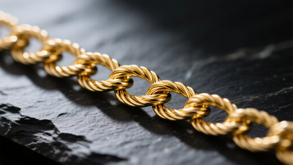Macro shot of a knotted 14k gold cable chain on dark slate, lit by directional light to highlight the delicate links and tight knots