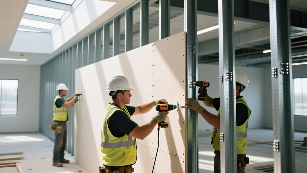 Workers installing 5/8-inch Type X fire-rated gypsum boards on steel stud framing in a bright commercial construction site