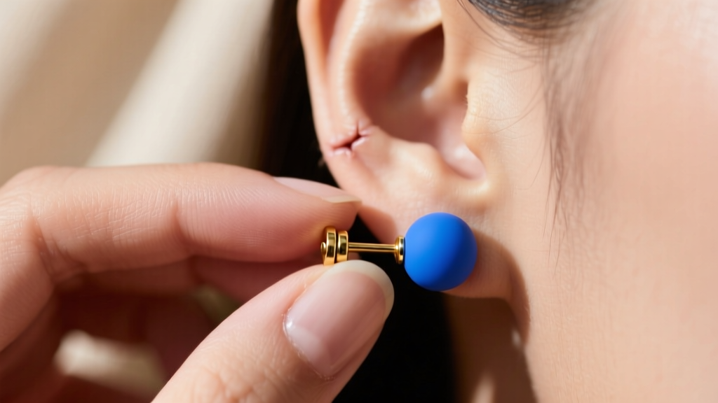Close-up of fingers pushing a silicone earring back onto a 20-gauge gold friction post, showing secure tension on a healed earlobe.
