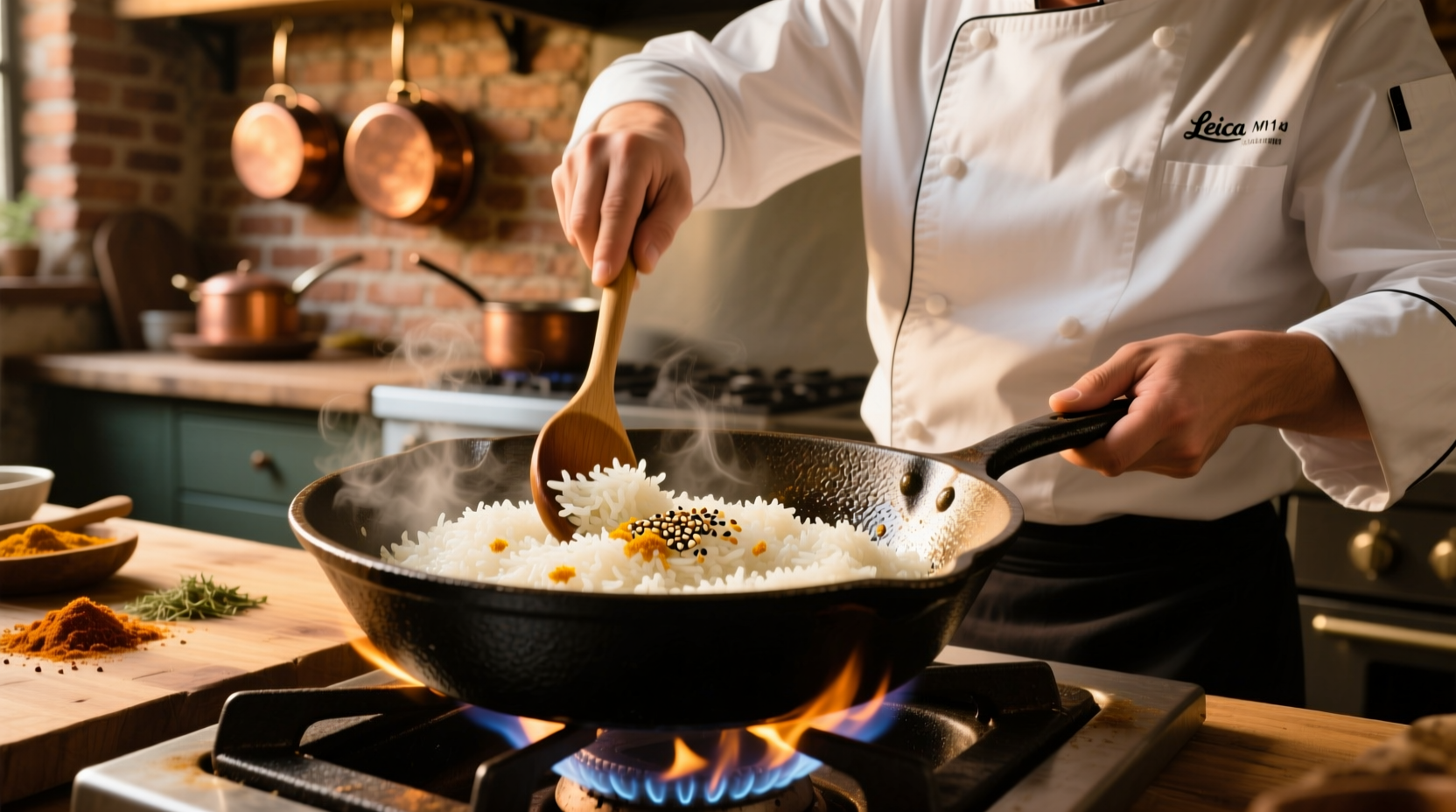 Chef stirring flavorful white rice in cast iron skillet