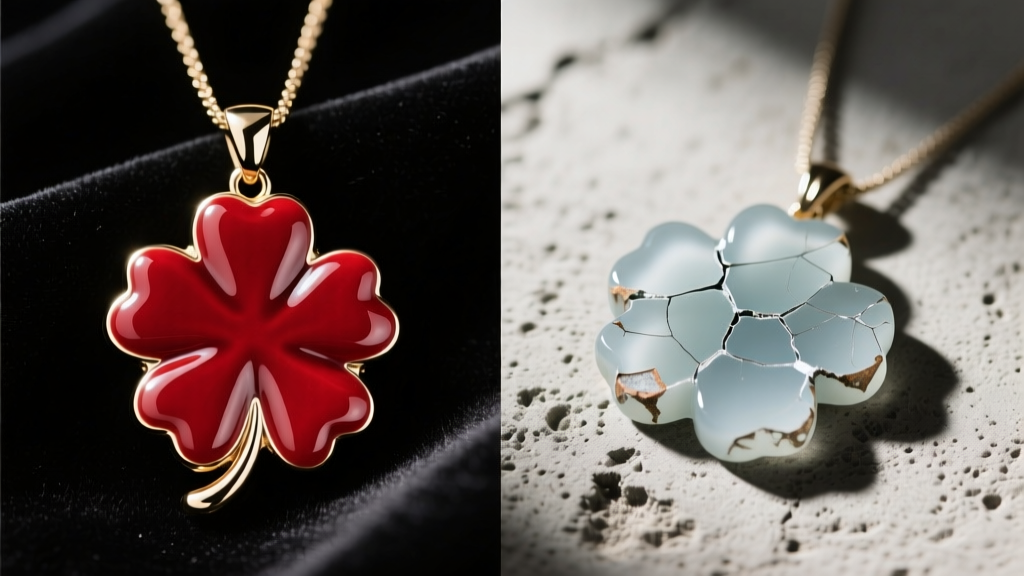 Split comparison of a vitreous enamel clover looking necklace in rich red next to a chipped cold resin pendant alternative